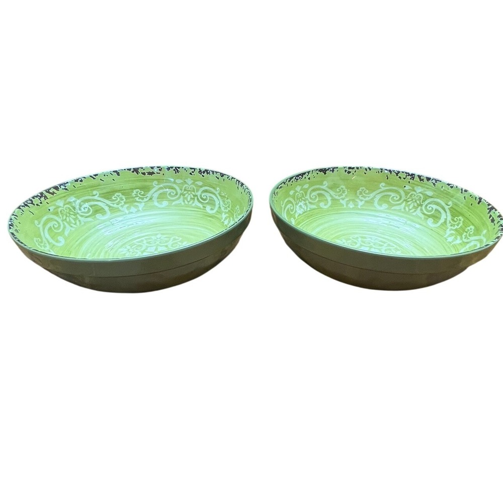 Palm Restaurant Pasta Salad Bowls Set of 2 8" Green Very Good Scroll Distressed - Picture 3 of 8